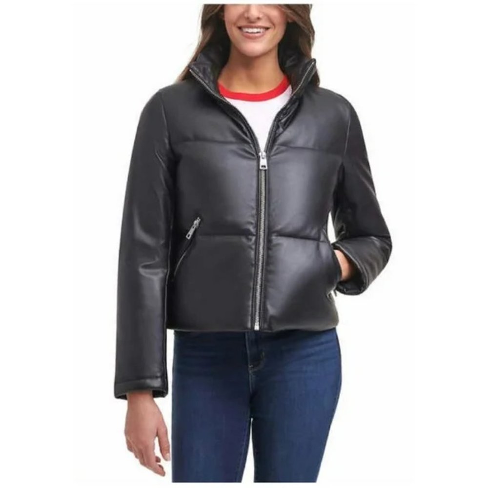 NWT Levi's Women's Faux Leather Full Zip Puffer Jacket Black Size XS $200 EE055